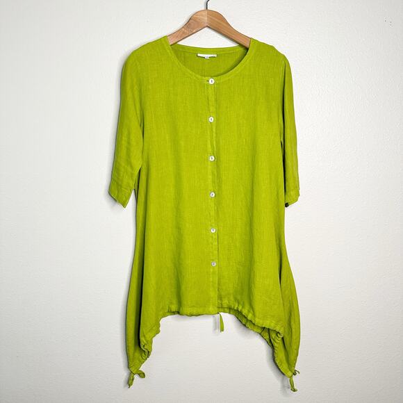 Brynn Walker Lime Green 100% Linen Tie Curved Hem Tunic Top women’s size medium - Picture 1 of 15